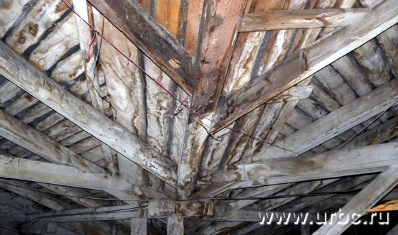 Темные разводы на деревянных перекрытиях свидетельствуют о постоянном попадании воды