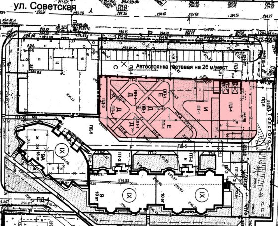Проекта клиники в плане нет, вместо нее пронумерованы и подписаны площадки различного бытового назначения